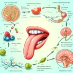 DALL·E 2024-05-21 10.45.21 - A detailed and clear diagram illustrating the tasting process from the tongue to the brain. The diagram should include_ 1. Food touching the tongue an